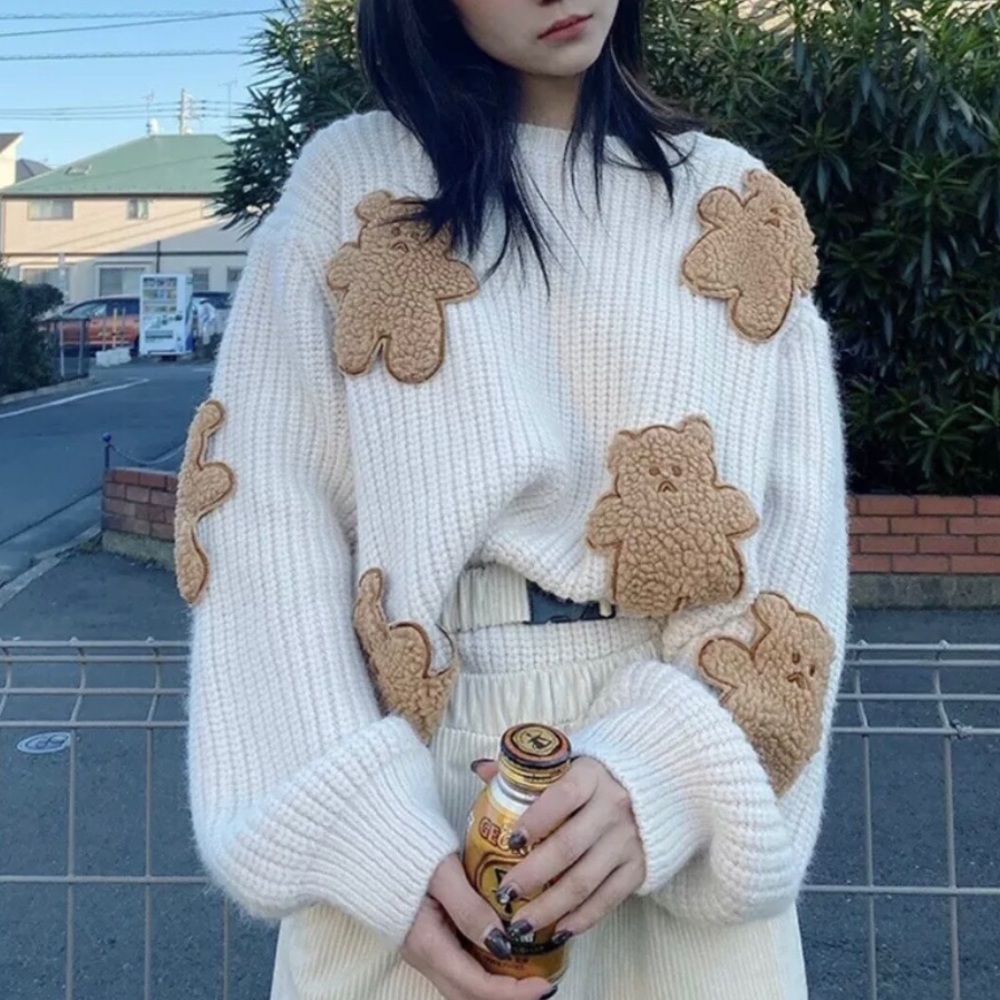 Bear sweater cartoon cream white teddy cute womens patch